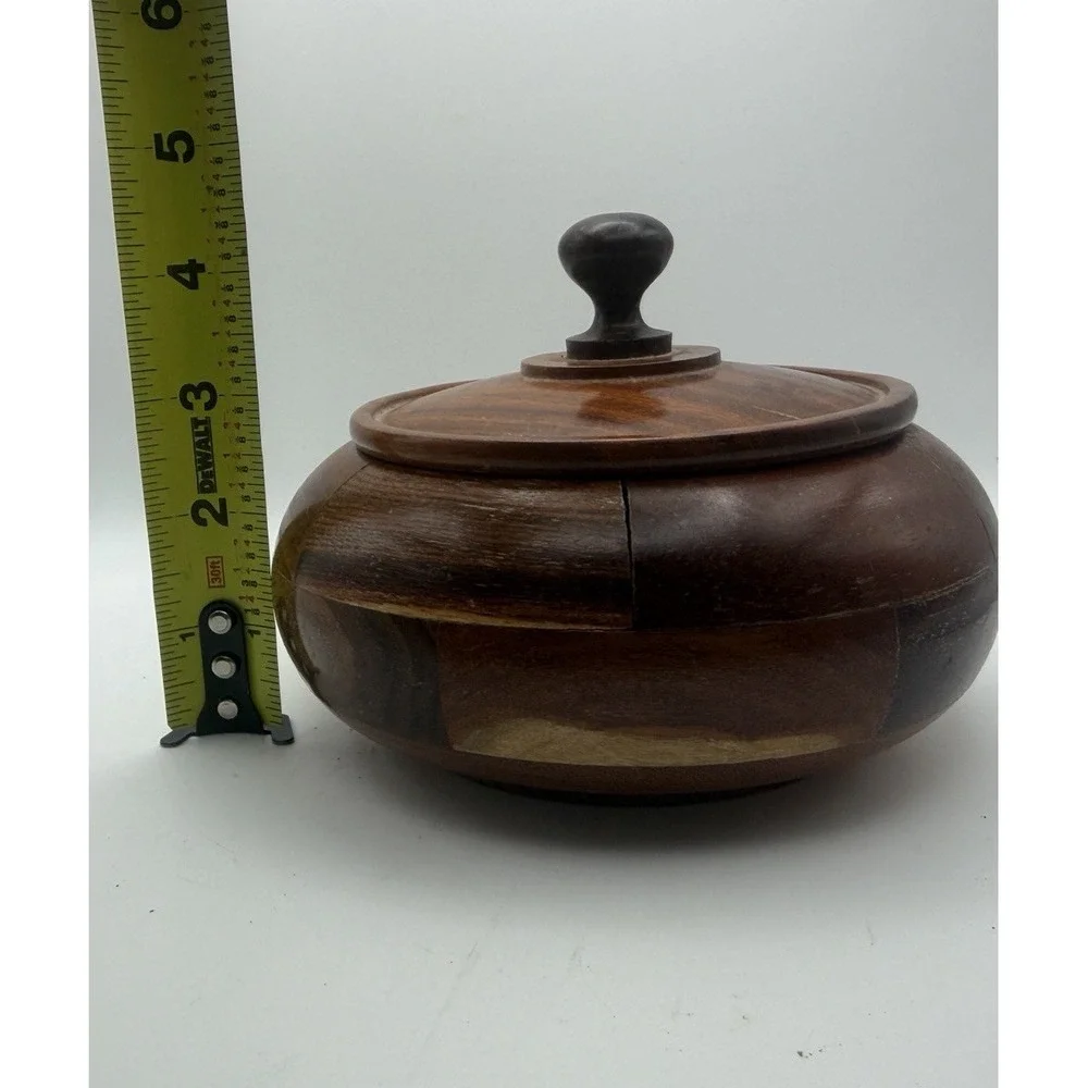 Vintage Hand Turned Patchwork Wooden Lidded Bowl Trinket Box Rustic Decor 5.25